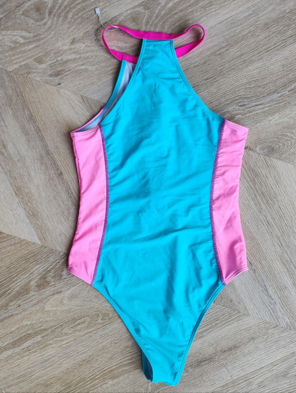 Brand NEW Colorful Zip-Front Swimsuit- Pink & Aqua - Picture 2 of 5